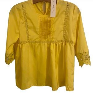 NWT boutique crochet cotton yellow spring 3/4 sleeve blouse